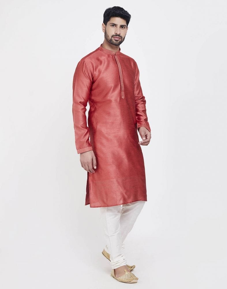 Collection of Light Orange Astonishing Self Brocade Kurta Pajama Set in a gallery layout