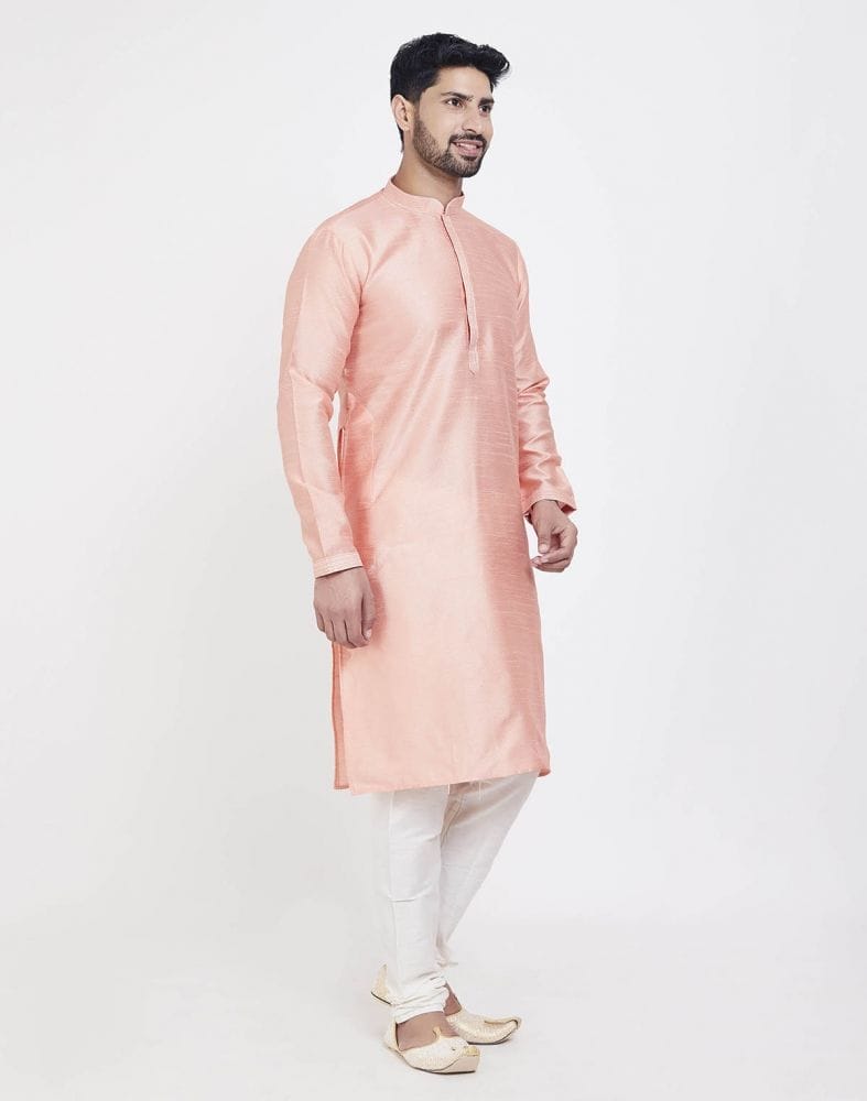 Collection of Peach Astonishing Self Brocade Kurta Pajama Set in a gallery layout