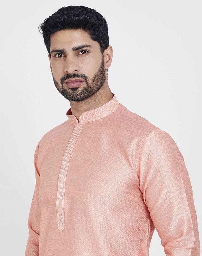 Collection of Peach Astonishing Self Brocade Kurta Pajama Set in a gallery layout