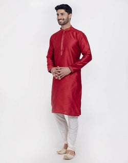 Collection of Red Astonishing Self Brocade Kurta Pajama Set in a gallery layout