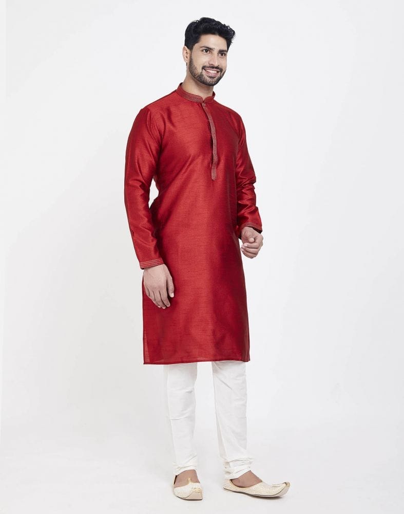 Collection of Red Astonishing Self Brocade Kurta Pajama Set in a gallery layout