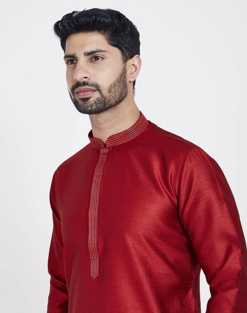 Collection of Red Astonishing Self Brocade Kurta Pajama Set in a gallery layout