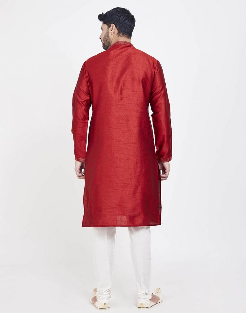 Collection of Red Astonishing Self Brocade Kurta Pajama Set in a gallery layout