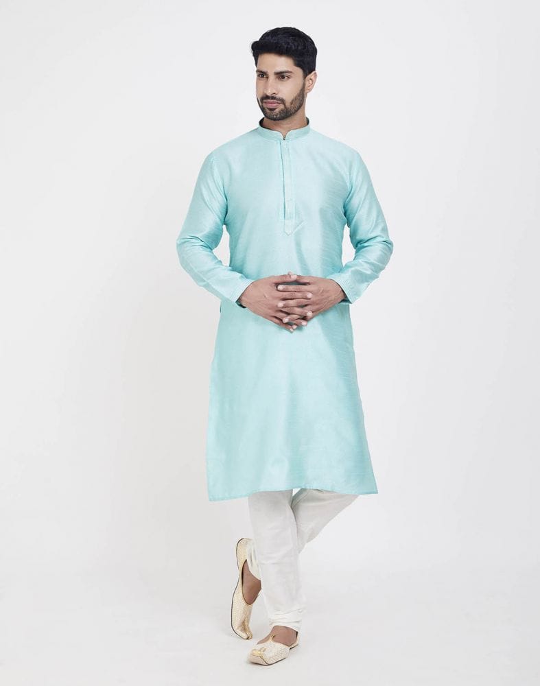 Collection of Sky Blue Astonishing Self Brocade Kurta Pajama Set in a gallery layout