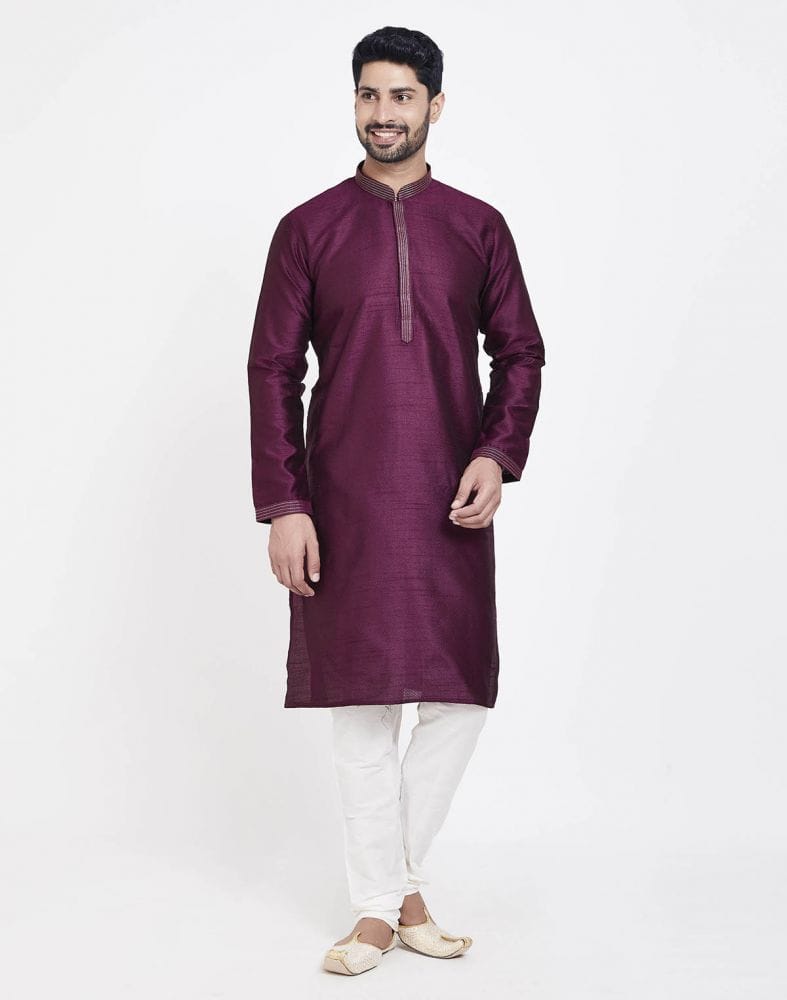 Collection of Wine Astonishing Self Brocade Kurta Pajama Set in a gallery layout