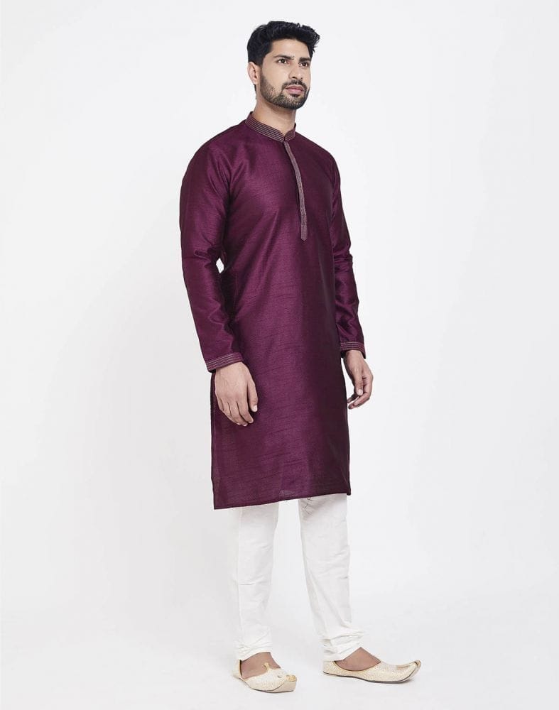 Collection of Wine Astonishing Self Brocade Kurta Pajama Set in a gallery layout