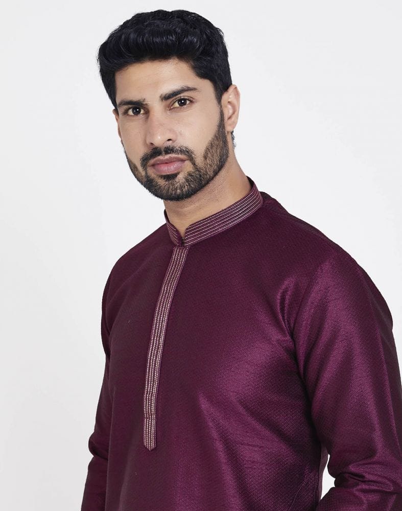 Collection of Wine Astonishing Self Brocade Kurta Pajama Set in a gallery layout