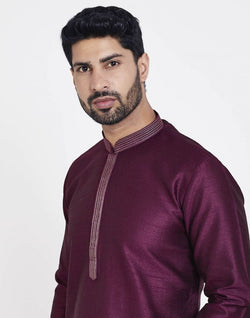 Collection of Wine Astonishing Self Brocade Kurta Pajama Set in a gallery layout