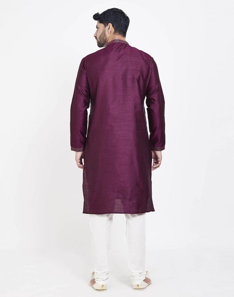 Collection of Wine Astonishing Self Brocade Kurta Pajama Set in a gallery layout