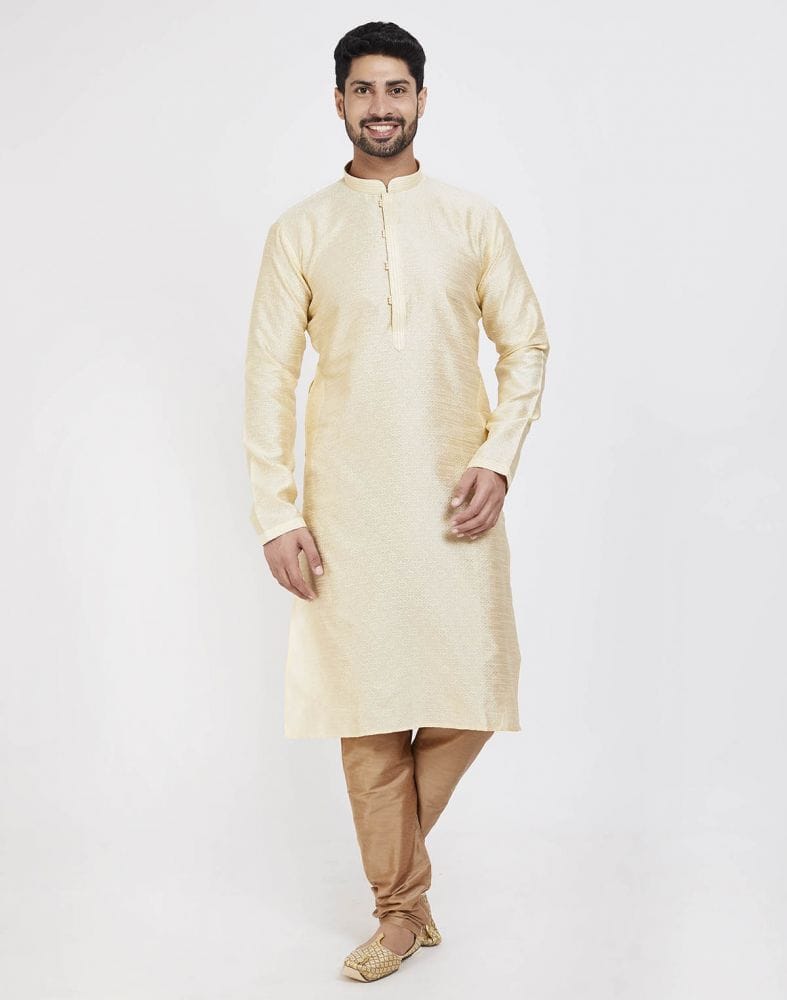 Cream Self Design With Collar Patti Work Style Kurta Pajama