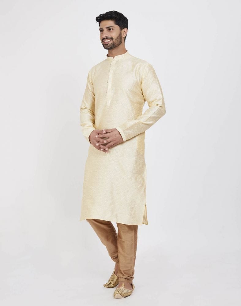 Collection of Cream Self Design With Collar Patti Work Style Kurta Pajama in a gallery layout