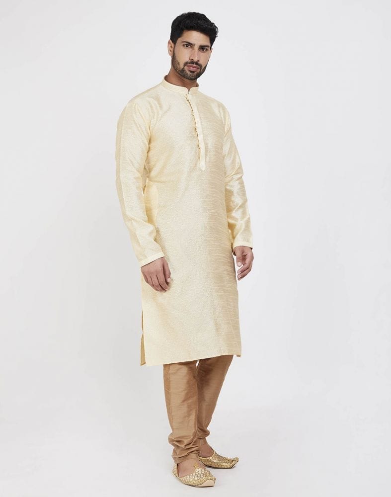 Collection of Cream Self Design With Collar Patti Work Style Kurta Pajama in a gallery layout