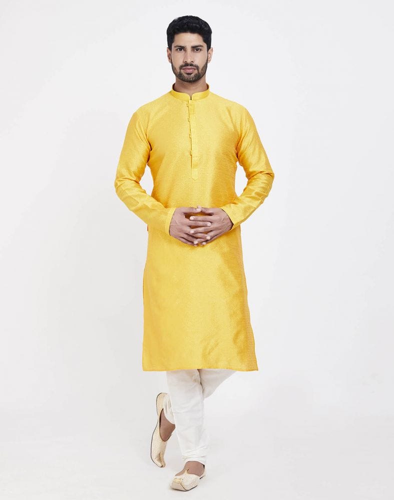 Collection of Yellow Self Design With Collar Patti Work Style Kurta Pajama in a gallery layout