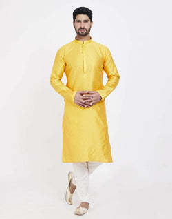 Collection of Yellow Self Design With Collar Patti Work Style Kurta Pajama in a gallery layout