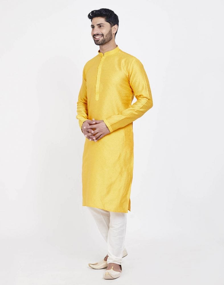 Yellow Self Design With Collar Patti Work Style Kurta Pajama