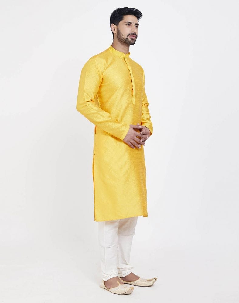 Collection of Yellow Self Design With Collar Patti Work Style Kurta Pajama in a gallery layout