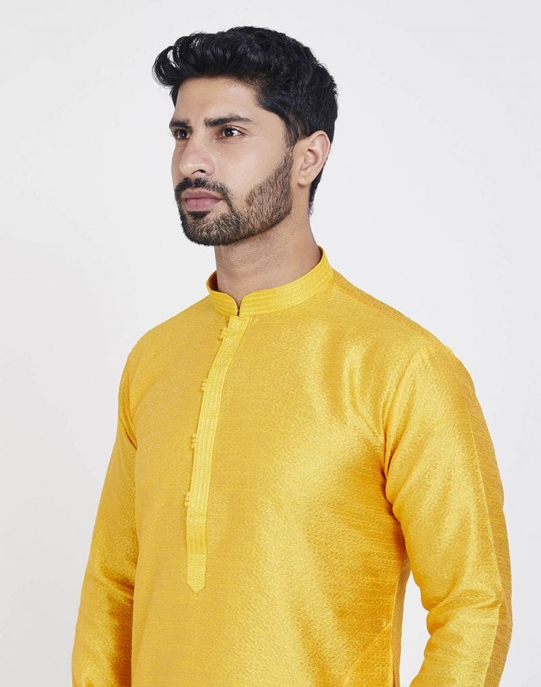 Yellow Self Design With Collar Patti Work Style Kurta Pajama