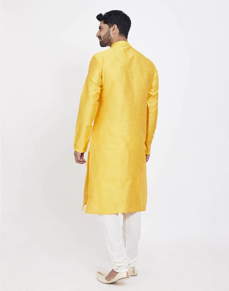 Collection of Yellow Self Design With Collar Patti Work Style Kurta Pajama in a gallery layout