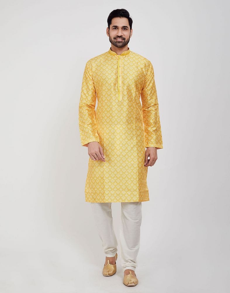 Collection of Yellow Jacquard Design Kurta Pajama Set in a gallery layout