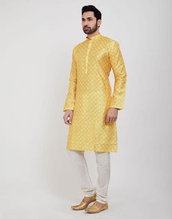 Collection of Yellow Jacquard Design Kurta Pajama Set in a gallery layout