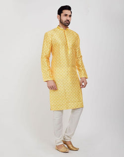 Collection of Yellow Jacquard Design Kurta Pajama Set in a gallery layout