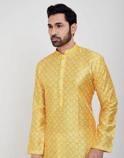 Collection of Yellow Jacquard Design Kurta Pajama Set in a gallery layout