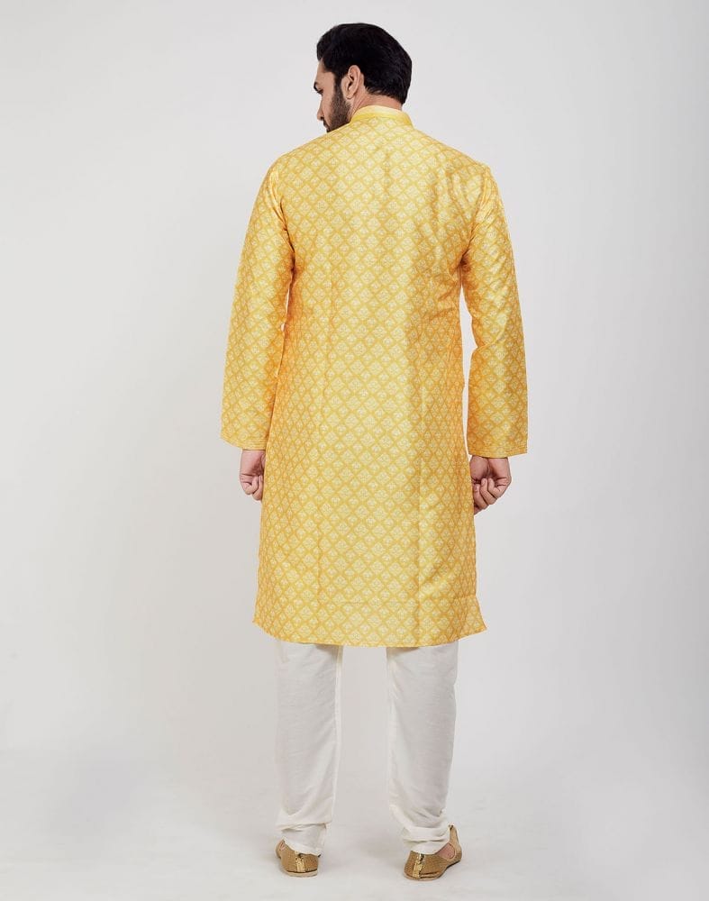 Collection of Yellow Jacquard Design Kurta Pajama Set in a gallery layout