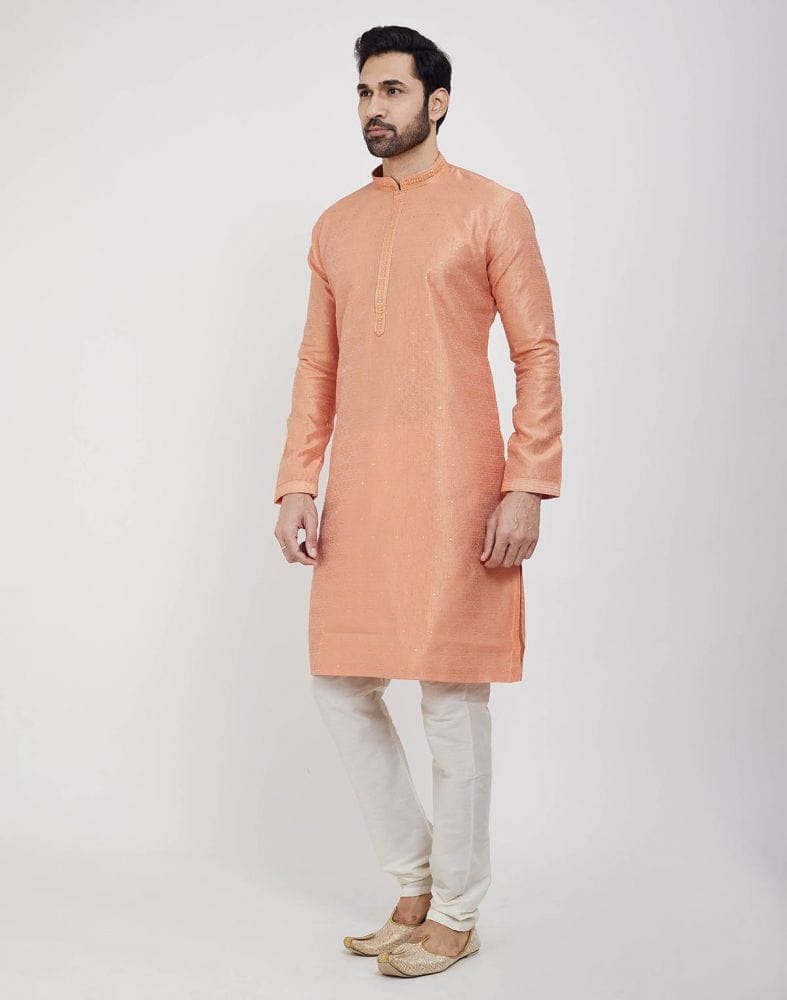 Collection of Orange Thread & Sequence Work Kurta Pajama Set in a gallery layout