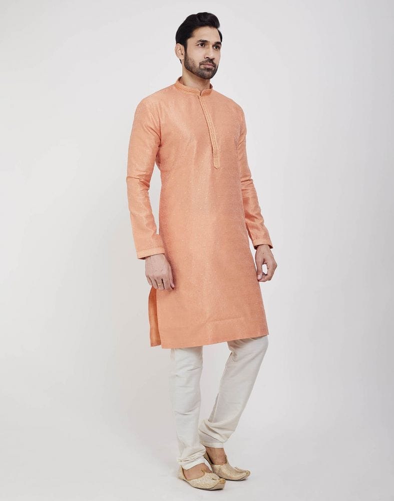 Collection of Orange Thread & Sequence Work Kurta Pajama Set in a gallery layout