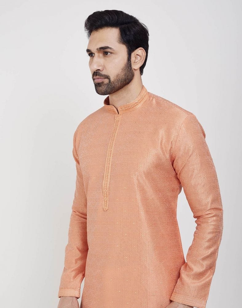 Collection of Orange Thread & Sequence Work Kurta Pajama Set in a gallery layout