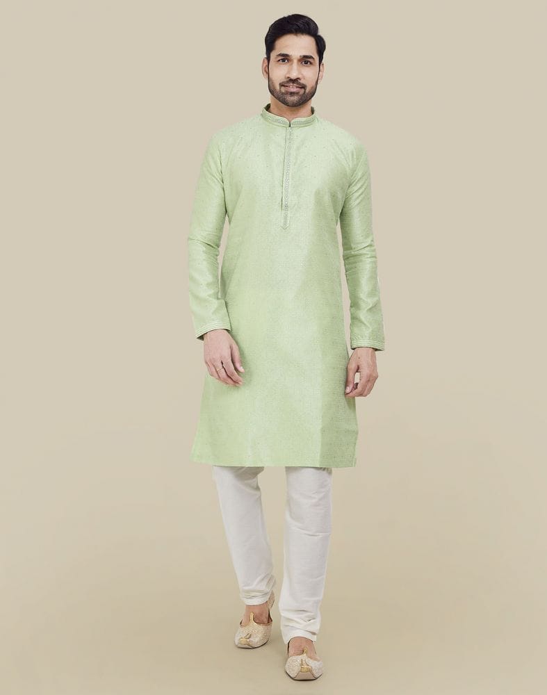 Collection of Pista Green Thread & Sequence Work Kurta Pajama Set in a gallery layout