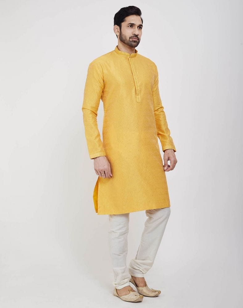 Collection of Yellow Thread & Sequence Work Kurta Pajama Set in a gallery layout