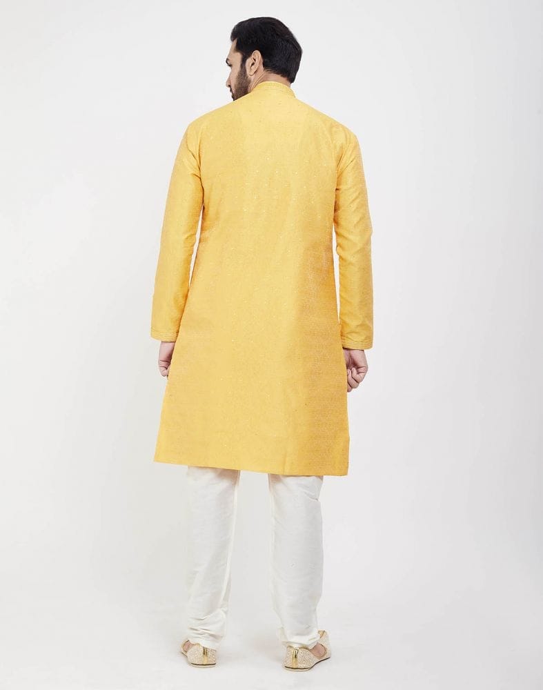 Collection of Yellow Thread & Sequence Work Kurta Pajama Set in a gallery layout