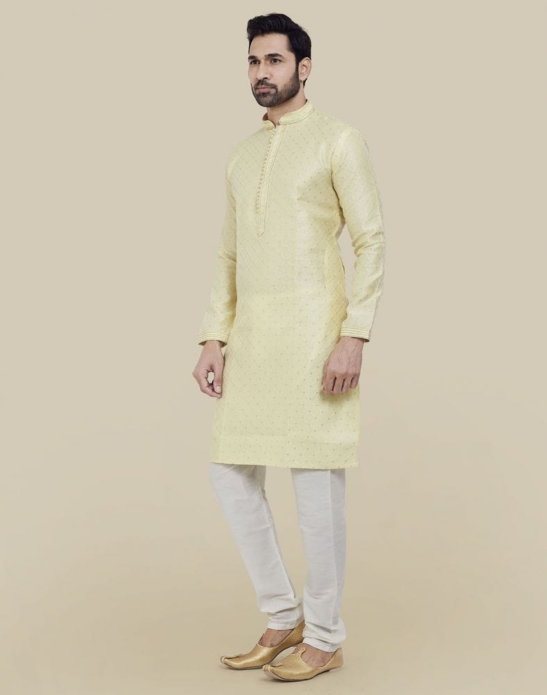 Collection of Lemon Self Brocade Jacquard Kurta Pajama Set in a gallery layout