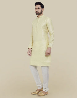 Collection of Lemon Self Brocade Jacquard Kurta Pajama Set in a gallery layout