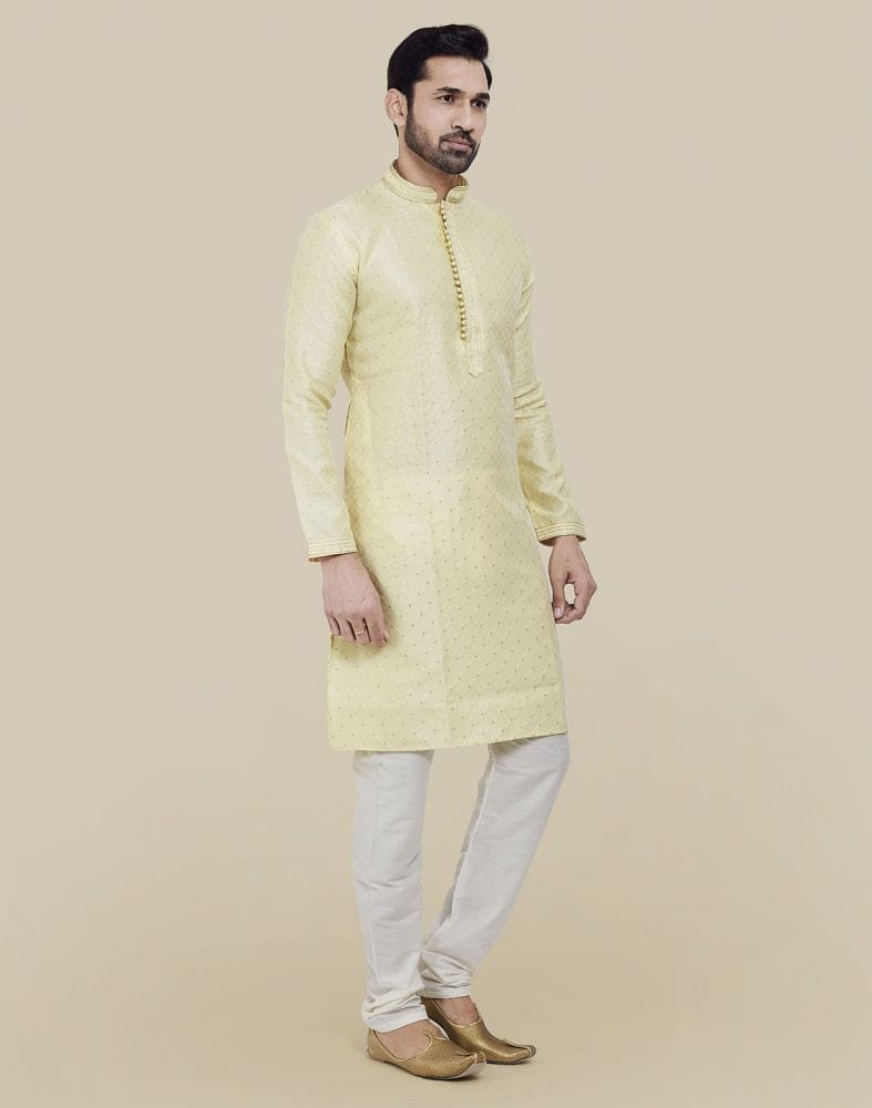 Collection of Lemon Self Brocade Jacquard Kurta Pajama Set in a gallery layout