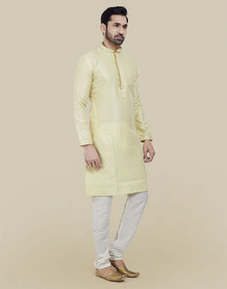 Collection of Lemon Self Brocade Jacquard Kurta Pajama Set in a gallery layout