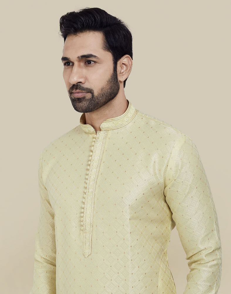 Collection of Lemon Self Brocade Jacquard Kurta Pajama Set in a gallery layout