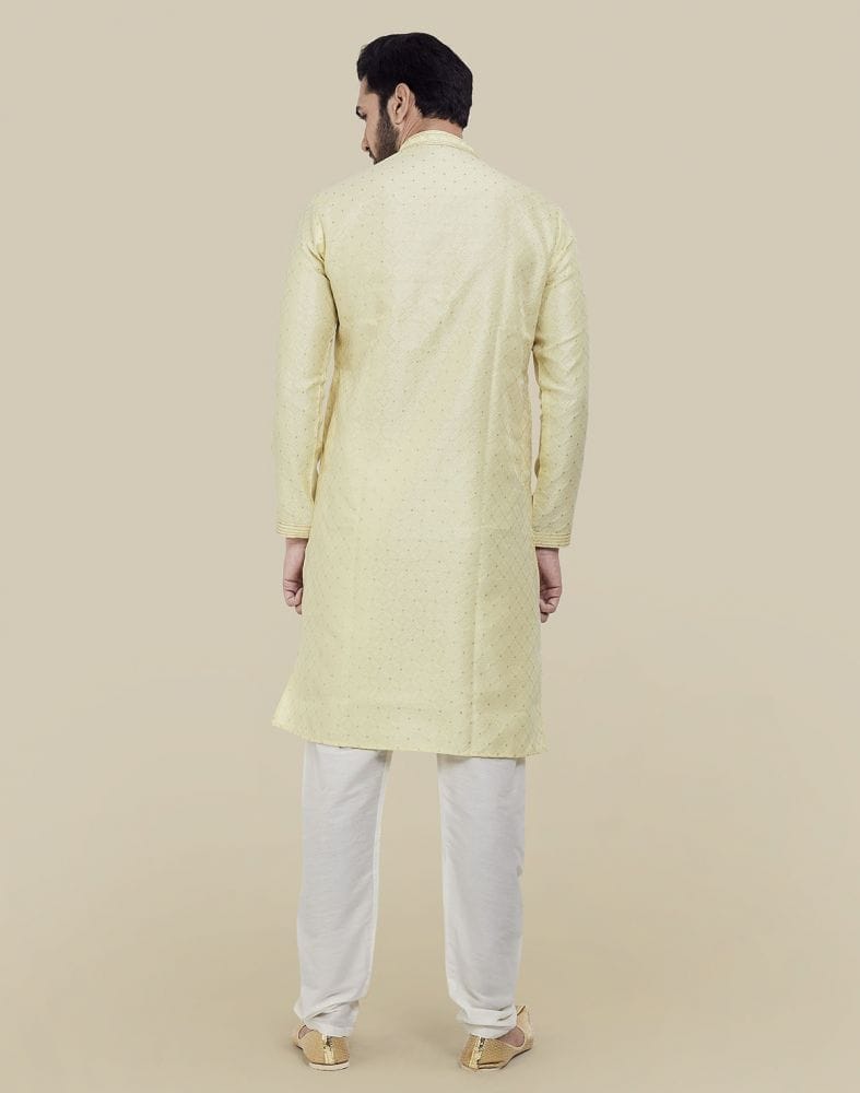 Collection of Lemon Self Brocade Jacquard Kurta Pajama Set in a gallery layout