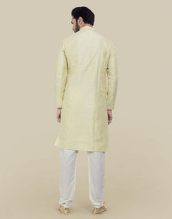 Collection of Lemon Self Brocade Jacquard Kurta Pajama Set in a gallery layout