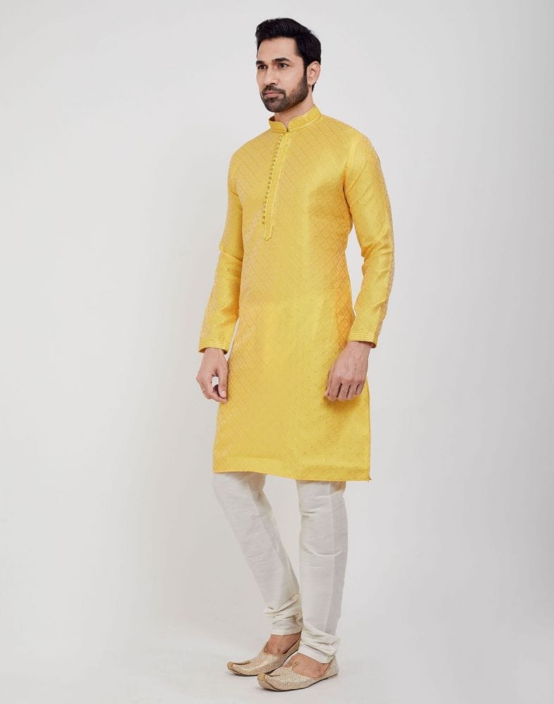 Collection of Yellow Self Brocade Jacquard Kurta Pajama Set in a gallery layout