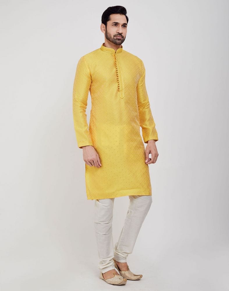 Yellow Self Brocade Jacquard Kurta Pajama Set