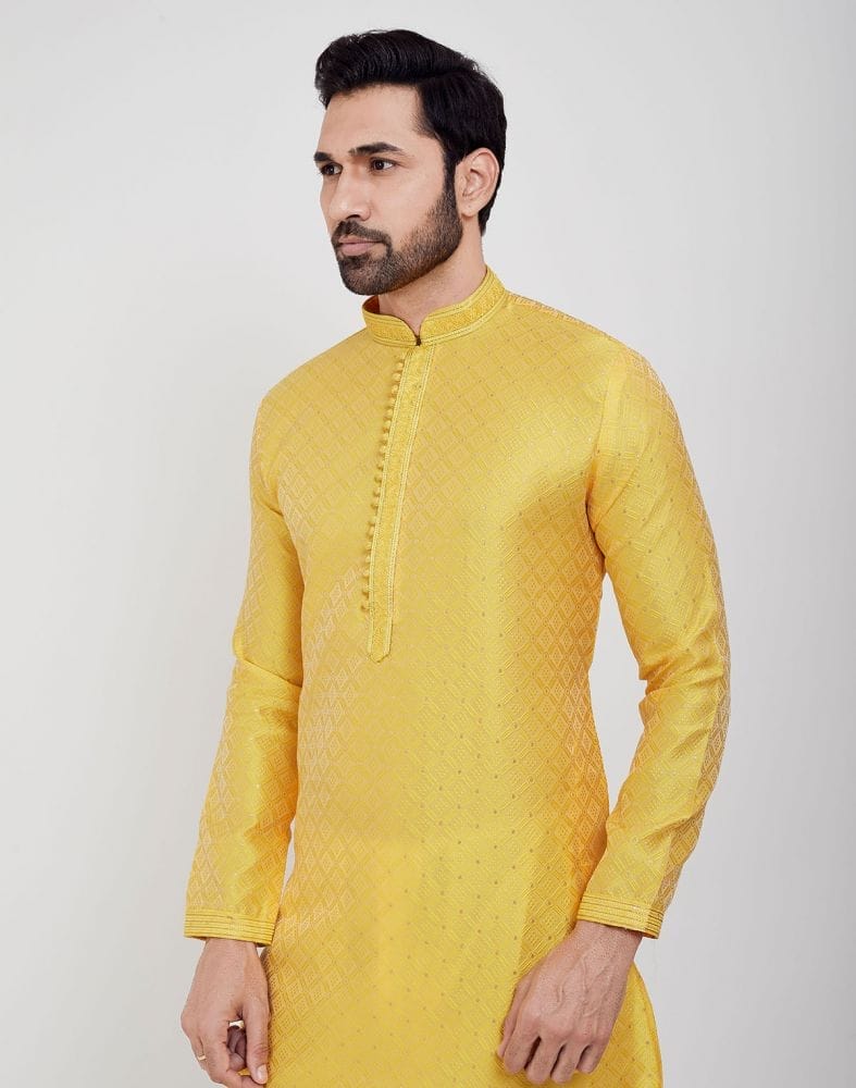 Collection of Yellow Self Brocade Jacquard Kurta Pajama Set in a gallery layout