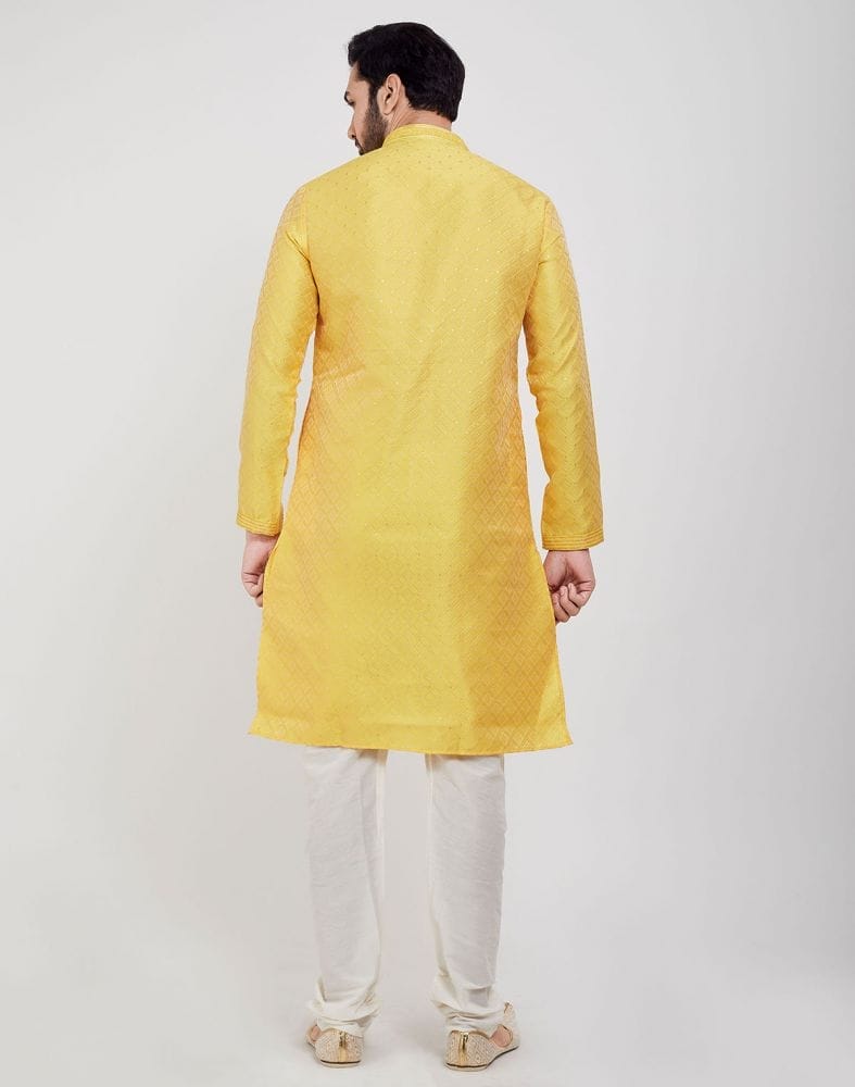 Collection of Yellow Self Brocade Jacquard Kurta Pajama Set in a gallery layout