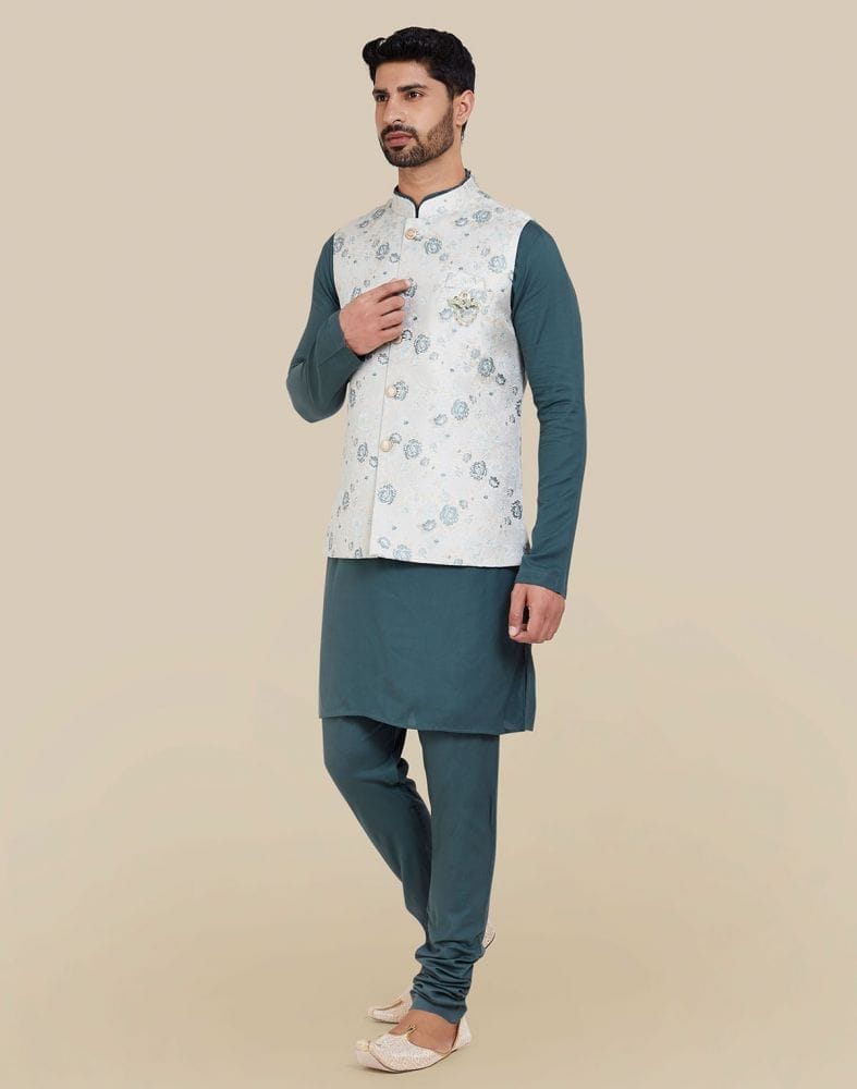 Collection of Dark Green Jacquard Self Design Kurta Set in a gallery layout