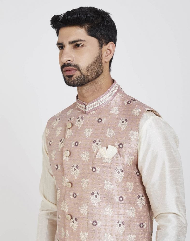 Collection of Pink Self Brocade Kurta Set in a gallery layout