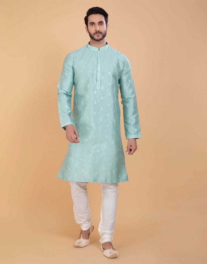 Collection of Sky Blue Simple and Comfort Embellished work Raw Silk Kurta Set in a gallery layout