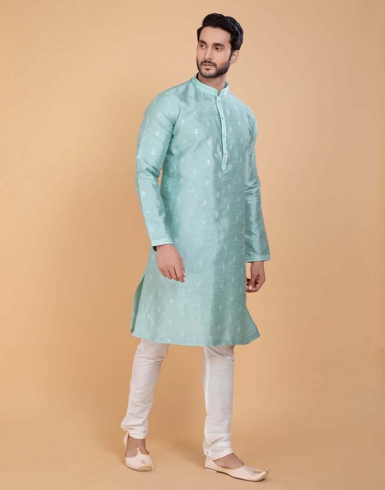 Collection of Sky Blue Simple and Comfort Embellished work Raw Silk Kurta Set in a gallery layout