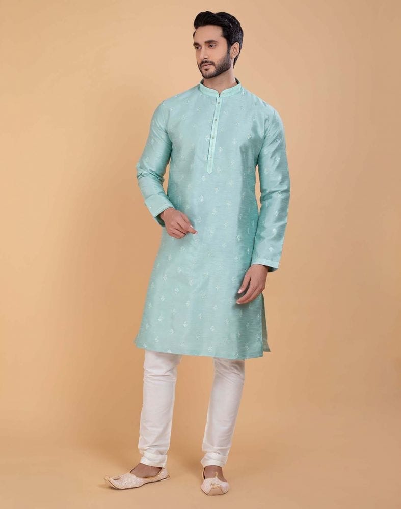 Sky Blue Simple and Comfort Embellished work Raw Silk Kurta Set