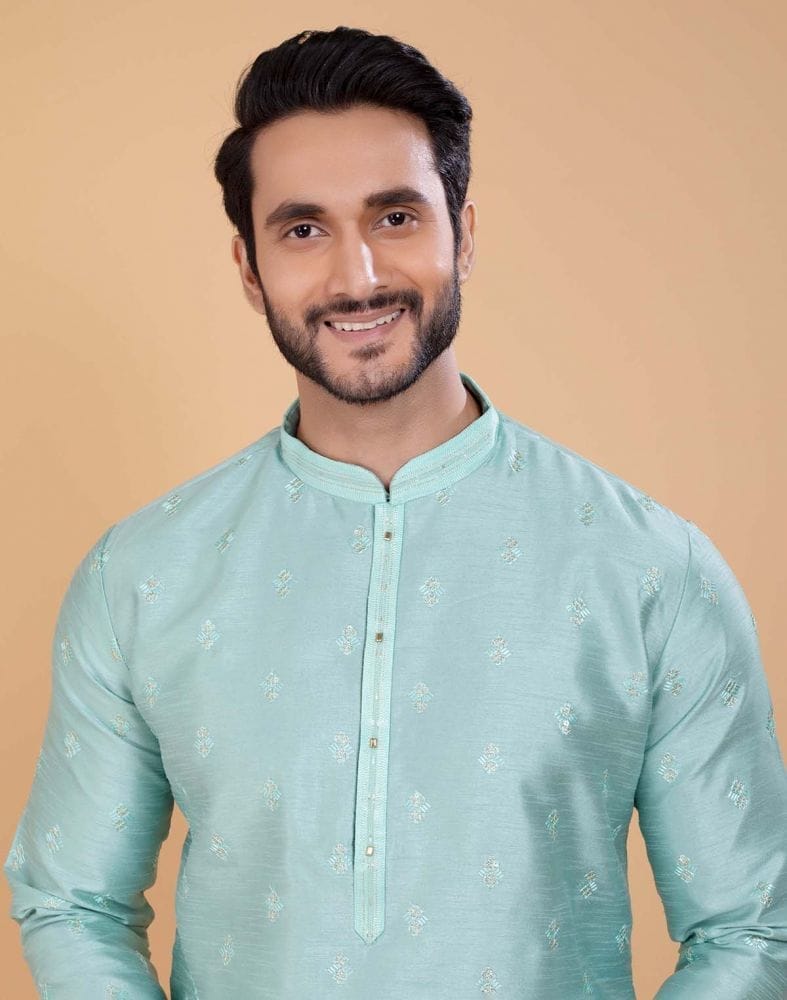 Sky Blue Simple and Comfort Embellished work Raw Silk Kurta Set